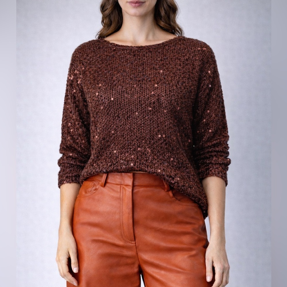 Cashmere Chocolate Brown Handmade Sequins Sweater size small